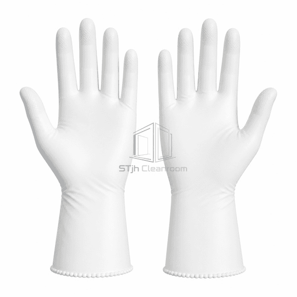 White cleanroom nitrile glove pair showing palm and textured fingertips