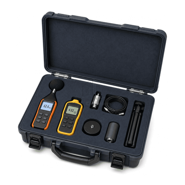 Cleanroom noise and vibration test kit horizontal complete-kit view with accelerometer, cable, magnetic base and calibrator