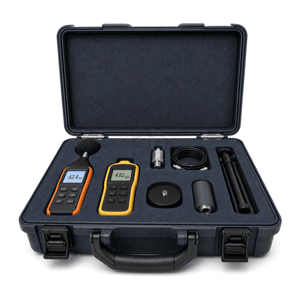 Cleanroom noise and vibration test kit sensor-calibrator interface view showing the external accelerometer and acoustic calibrator