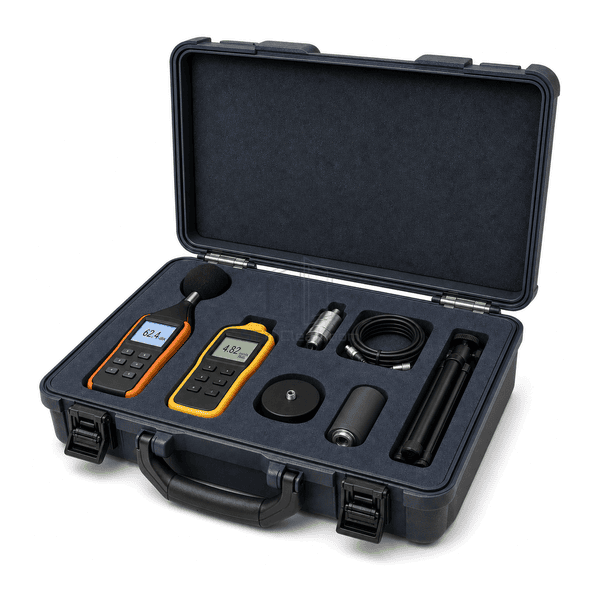Cleanroom noise and vibration test kit side-case view showing the rugged deep gray-blue shell, hinges, latches and handle