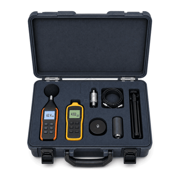 Cleanroom noise and vibration test kit front-layout view showing the sound meter, vibration meter and keyed foam slots
