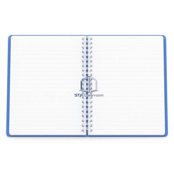 Cleanroom notebook opened horizontally to show ruled pages and lay-flat binding