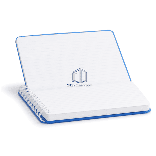 Cleanroom notebook side view showing plastic spiral and low-particle page block