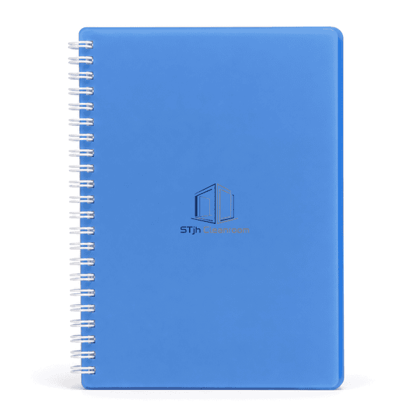 Cleanroom notebook standing upright with full cover and side spiral visible