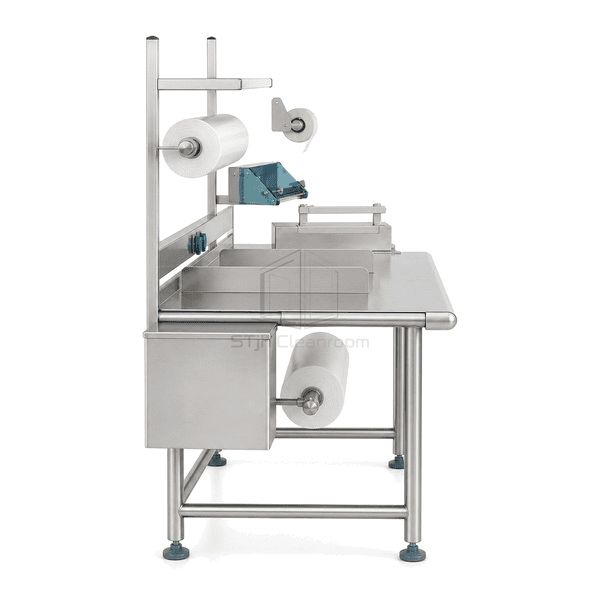 Side view showing reel holders service rail and closed waste chute