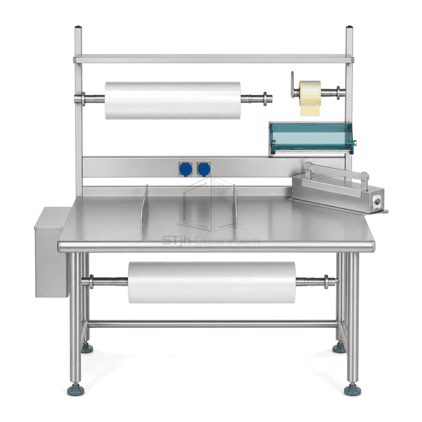 Front view of controlled packaging workstation and sealer shelf