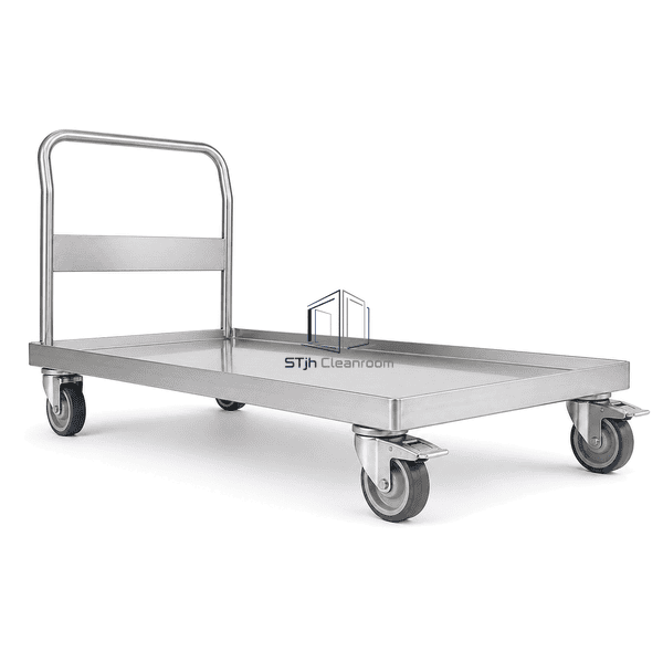 Cleanroom pallet cart view highlighting retainer lip and locking caster