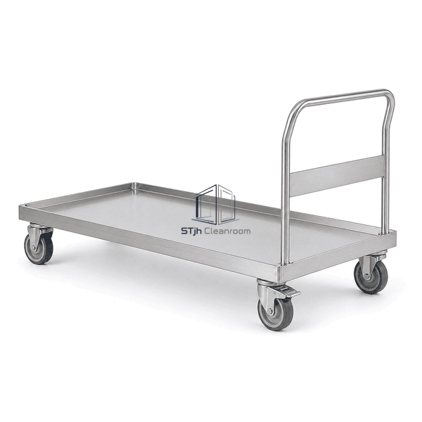 Cleanroom pallet cart side profile showing low deck and caster layout