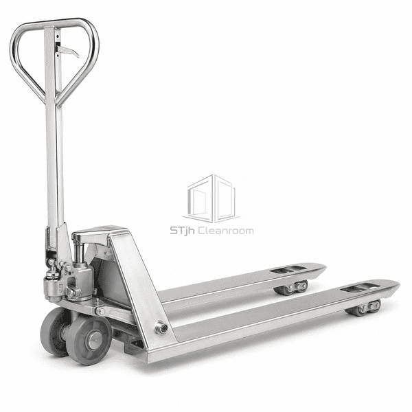 Cleanroom pallet truck in a full-length rear three-quarter view