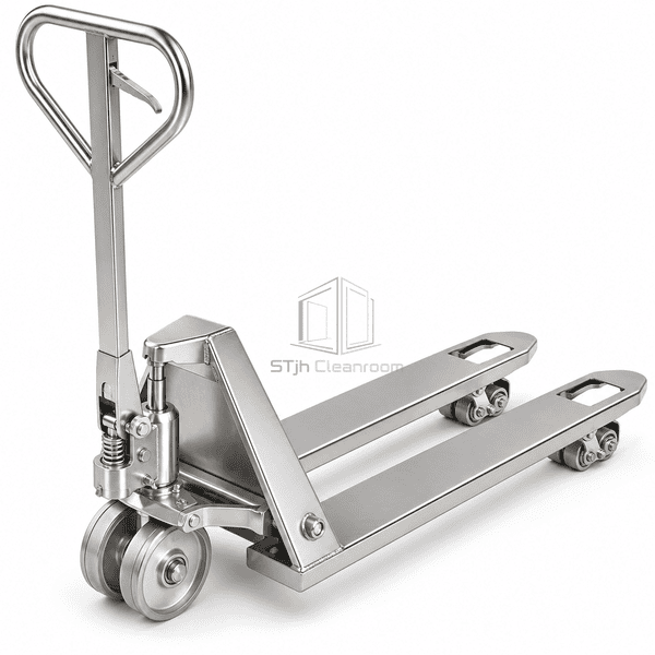 Cleanroom pallet truck view highlighting pump and tandem fork rollers