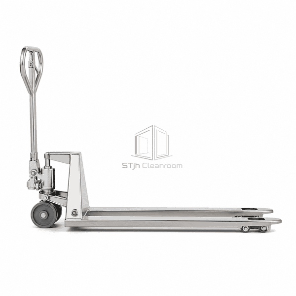 Cleanroom pallet truck side profile showing hydraulic chassis and rollers