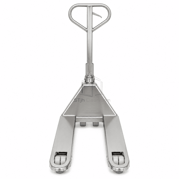Cleanroom pallet truck upright front view showing twin forks