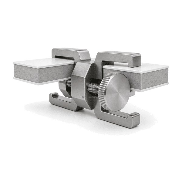Elevated view of cleanroom panel clamp jaw engagement and threaded mechanism