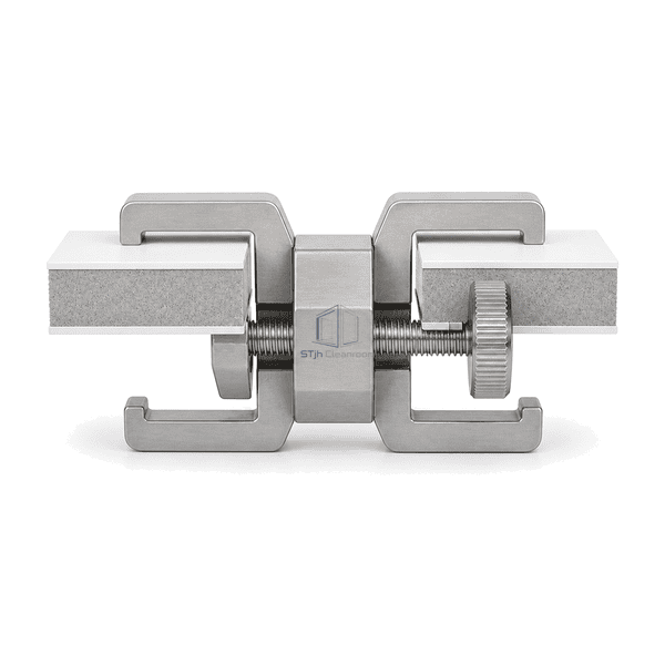Front elevation of a cleanroom panel clamp with bridge and threaded adjuster