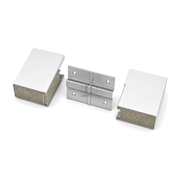 Horizontal cleanroom panel connector aligned between two complete panel samples