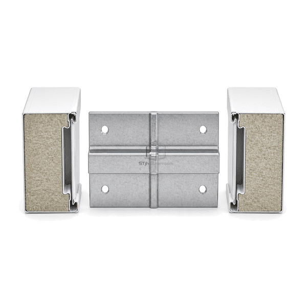 Front view of the cleanroom panel connector and matching sandwich-panel sections