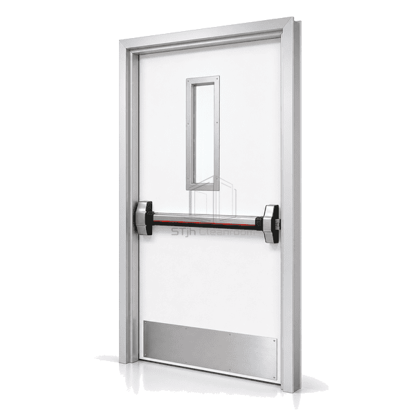 Panic exit device installed across a cleanroom door