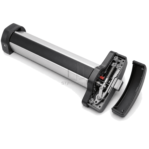 Opened panic bar latch case showing spring and linkage