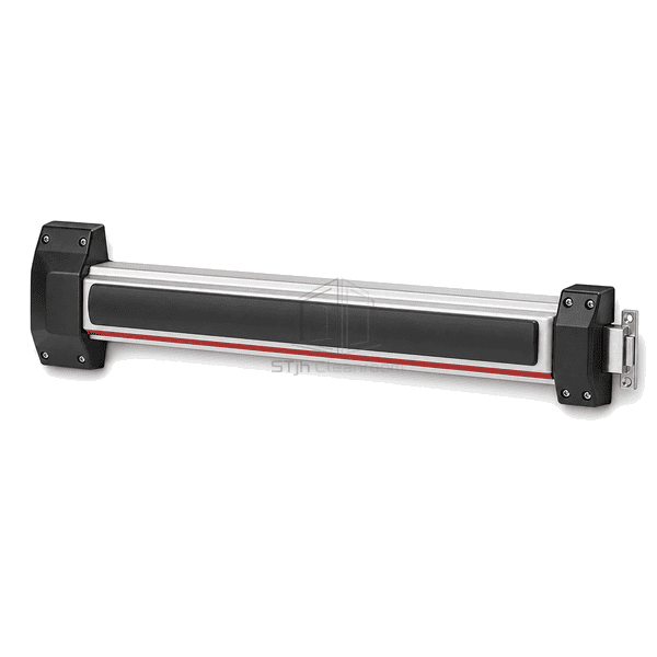 Complete front view of a silver black and red panic exit rail