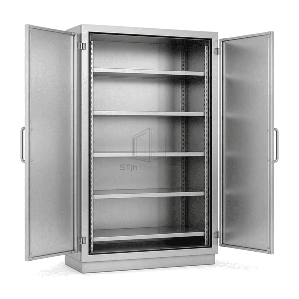Open double-door storage cabinet with stainless transfer shelves
