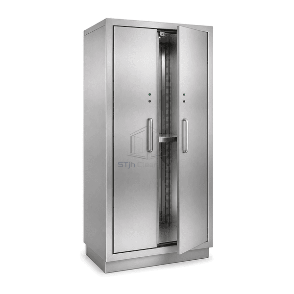 Close view of shelf support rail and cabinet door interlock