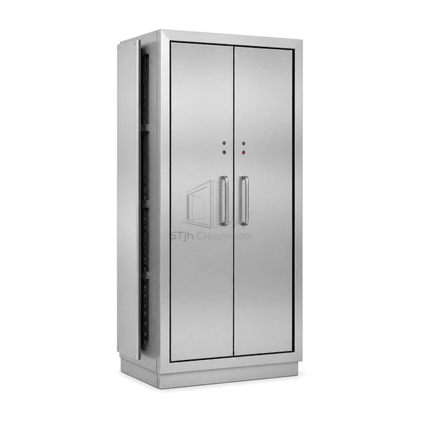 Side view of pass-through storage cabinet showing adjustable shelf rails