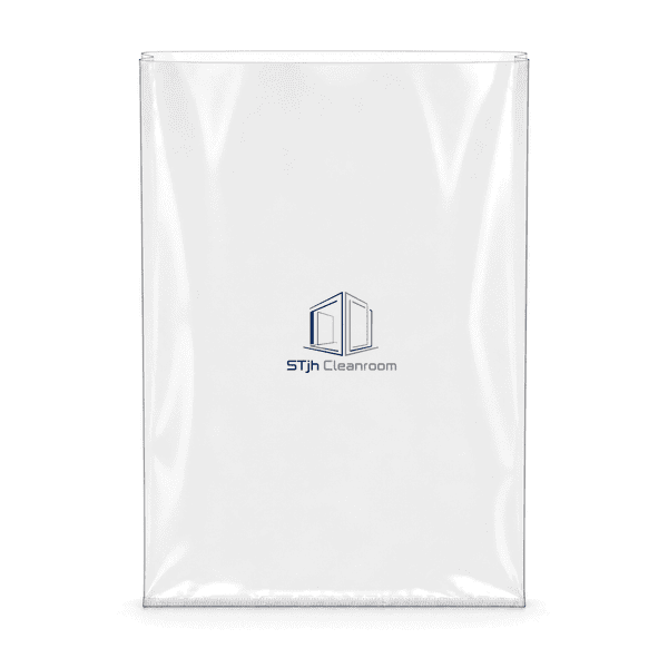 Transparent cleanroom PE bag standing upright with flat bottom seal visible