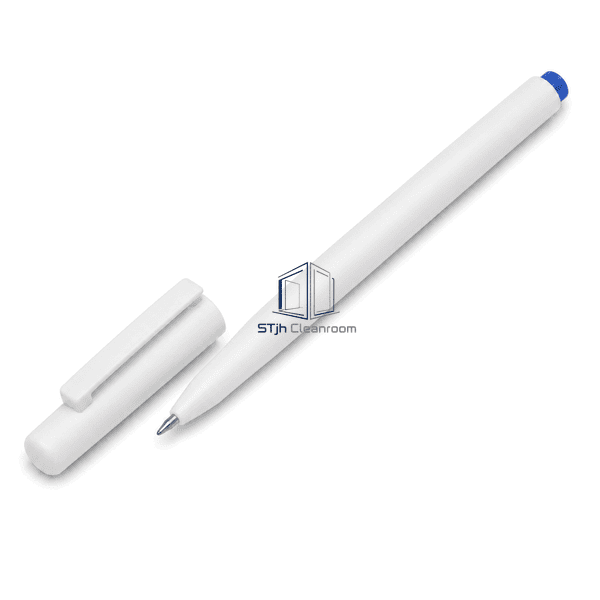 Complete cleanroom pen with cap removed beside the exposed ballpoint tip