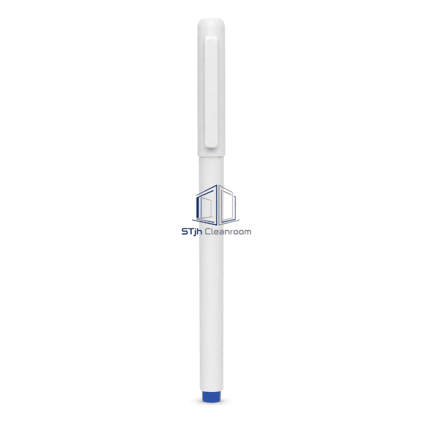 Cleanroom pen standing upright with full barrel cap and clip visible