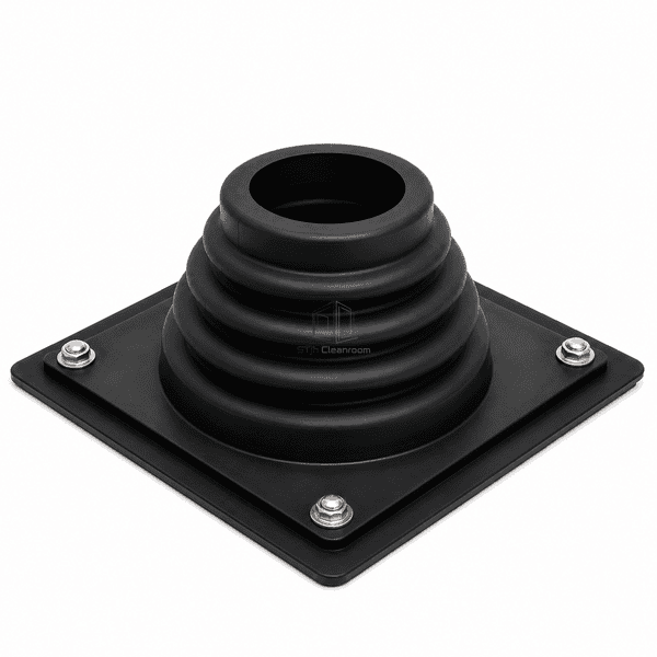 Complete horizontal view of a square-flange cleanroom penetration boot