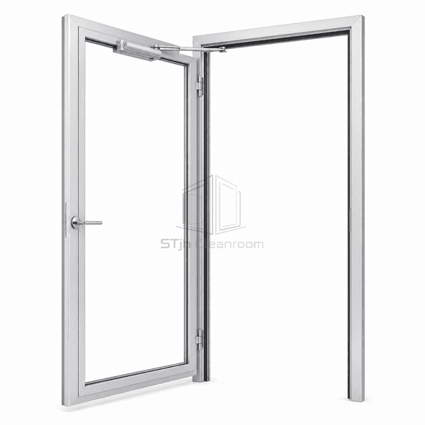 Cleanroom personnel access door opened horizontally within its modular frame