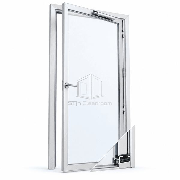 Cleanroom personnel access door aluminum jamb hinge and perimeter seal detail