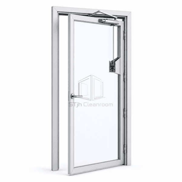 Cleanroom personnel access door side view showing clear panel and aluminum frame