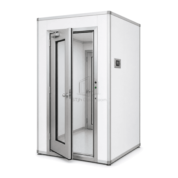 Close view of interlocked cleanroom door and emergency release