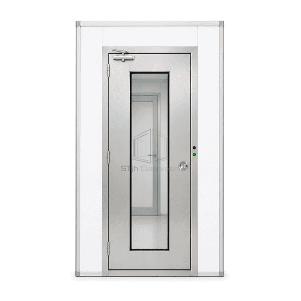 Front view of cleanroom personnel airlock entry door and status panel