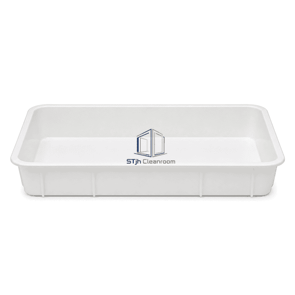 Cleanroom plastic tray facing front with full rim and shallow walls visible