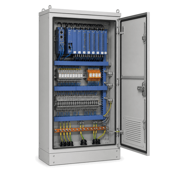 Rear three-quarter view of the entire PLC cabinet with numbered removable I/O plugs and copper shield-ground bar clearly exposed