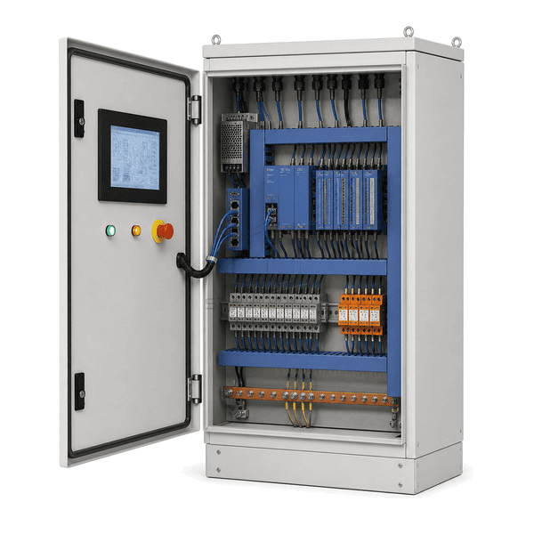 Open side view showing PLC rack, isolated I/O and segregated wiring ducts