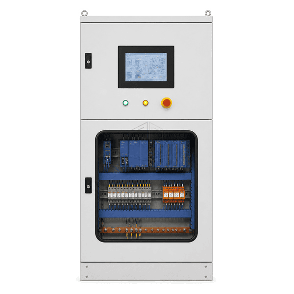 Front view of the PLC automation panel with labeled control devices