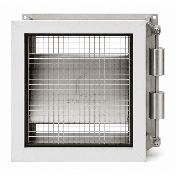 Front clean-side grille view of a room pressure relief damper