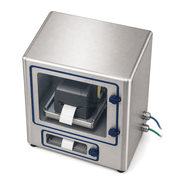 Elevated view of stainless printer cabinet and top surface