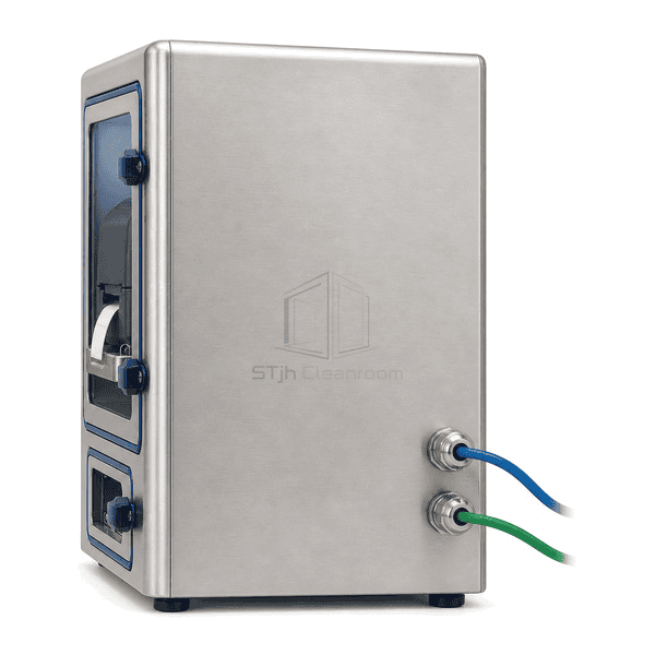 Side view showing cleanroom printer enclosure depth and access door