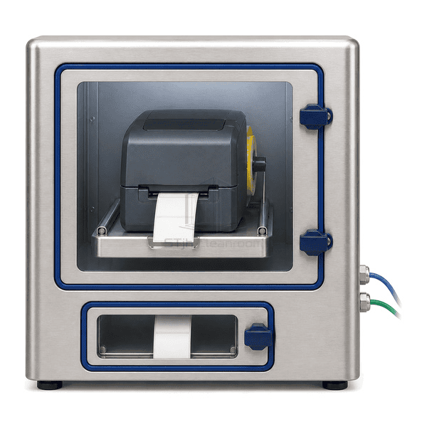Front view of gasketed cleanroom printer housing and output hatch