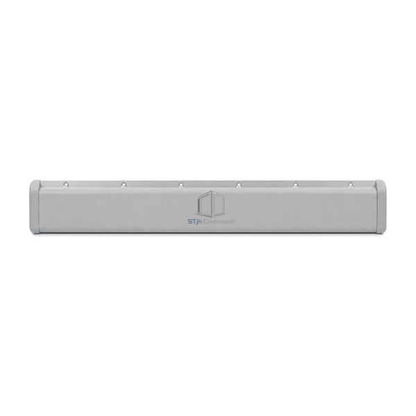 Complete horizontal front view of the light-gray cleanroom protection rail with fitted end caps