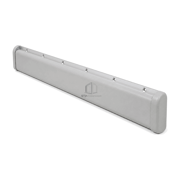 Right-end perspective of the cleanroom protection rail showing the PVC-u cover and end-cap interface