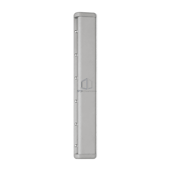 Upright near-front view of the cleanroom protection rail with two molded end caps and six mounting holes