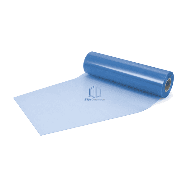 Complete horizontal view of a blue cleanroom panel protection film roll and flat sheet