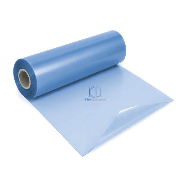Reverse interface view showing the peeled corner and adhesive face of cleanroom protective film
