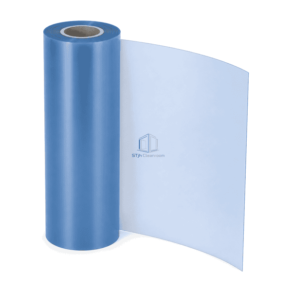 Upright view of the wide blue protective film roll and its continuous translucent sheet