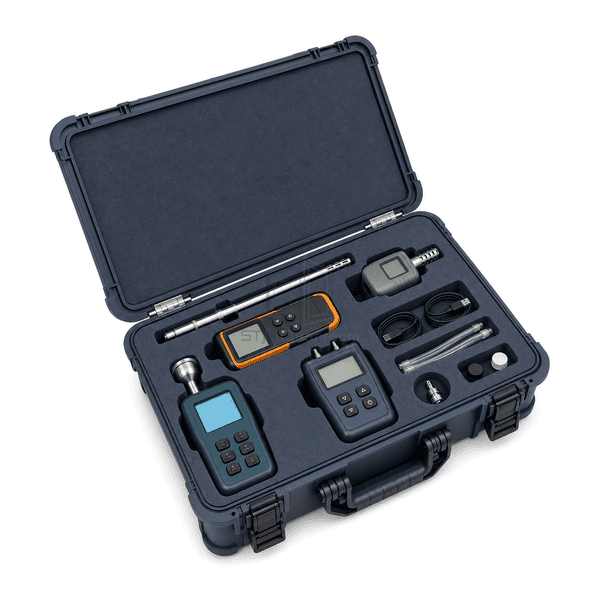 Cleanroom qualification test kit horizontal complete-kit view with all four instruments, probes, short cables and sample tubing visible